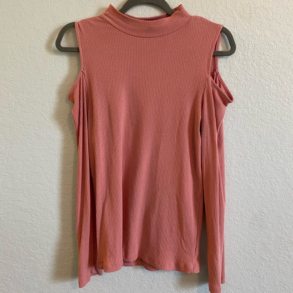 Pink Mock Neck, Cold Shoulder, Long Sleeve Top